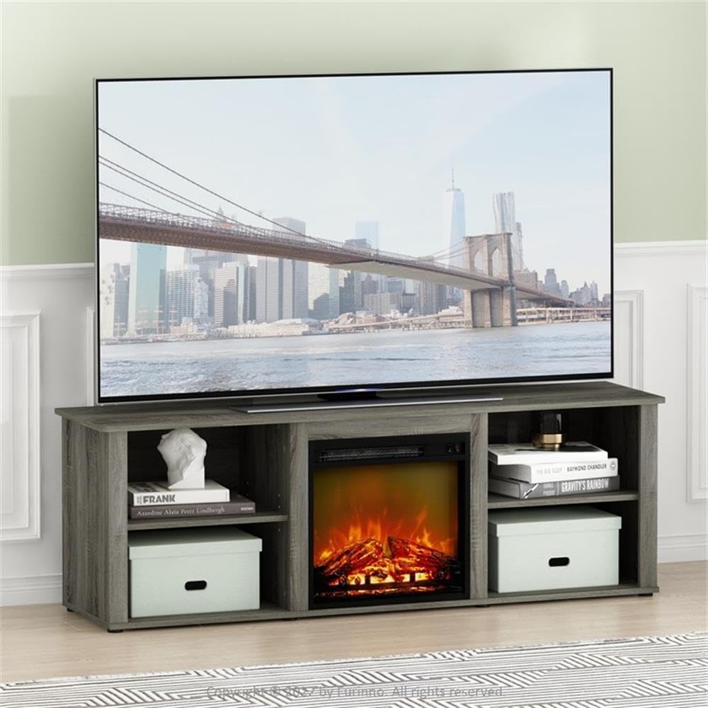 Pemberly Row 70-Inch TV Stand with Electric Fireplace, French Oak Gray Finish, Modern Style, Composite Wood Construction, Cable Management, Fits up to 65-Inch TVs, Living Room Media Console
