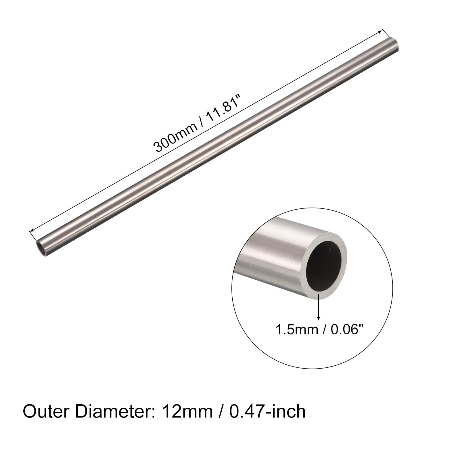 QUARKZMAN 304 Inox Acier Tube, OD 12mm x 1.5mm Paroi Épaisseur 30cm Longueur Métal Tubes pour Industrie Machines, 2Pcs