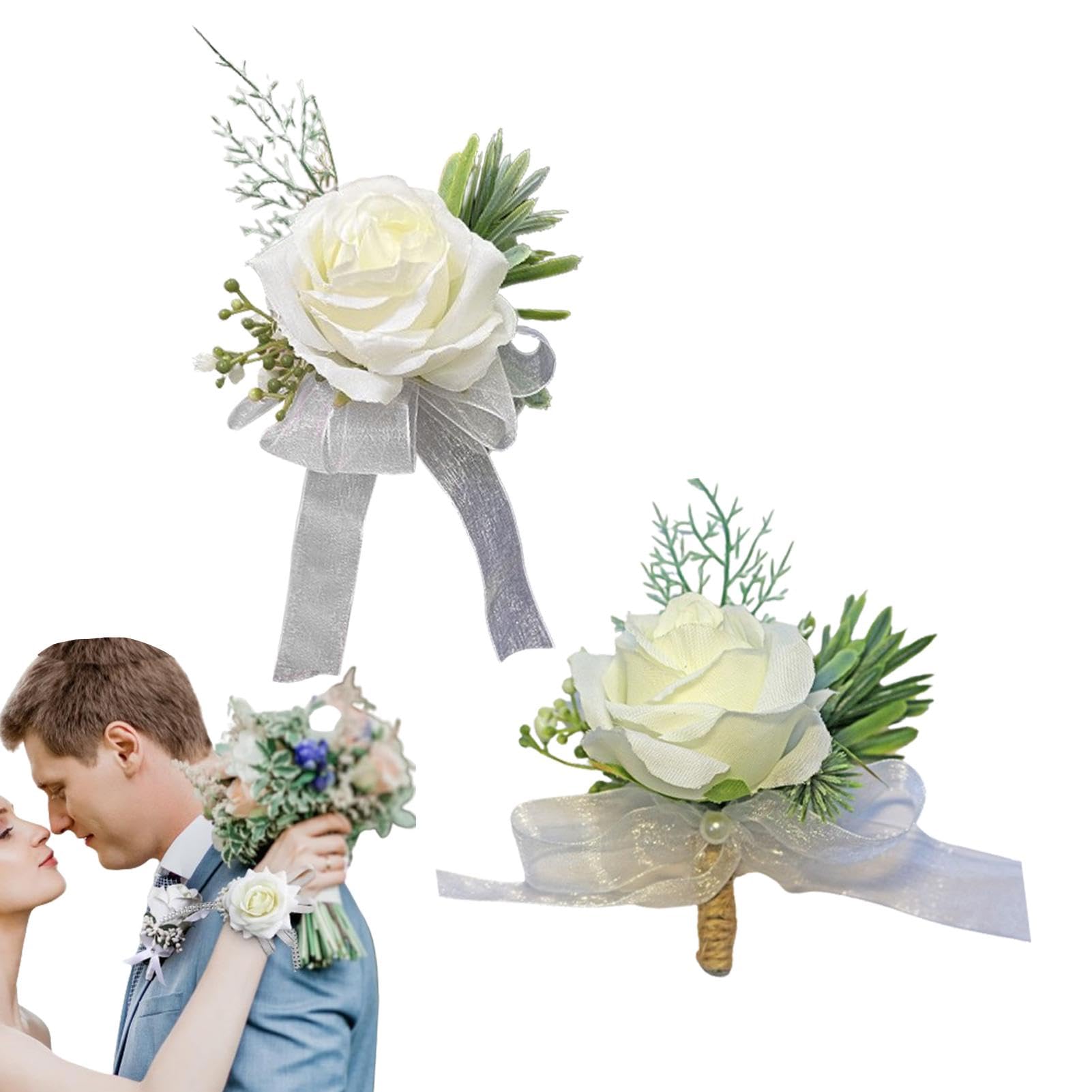 Conjunto de ramillete y flor en el ojal para muñeca de graduación,Conjunto de ramillete y flor en el ojal,Conjunto de ramillete artificial de rosa blanca - Accesorios florales de boda para novios, nov