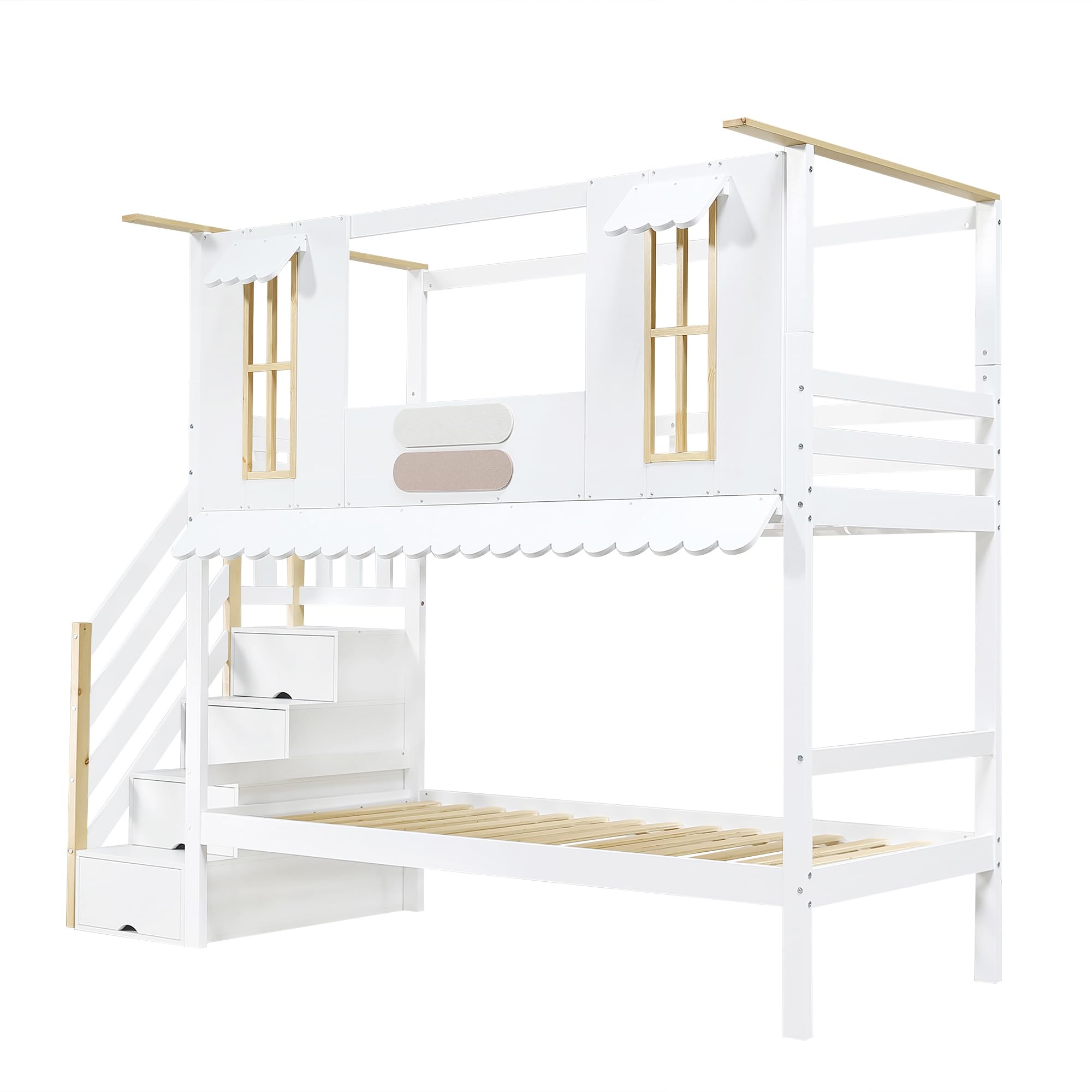 Letto A Castello 90x200 Per Bambini – Bianco/Naturale, Con Scala Portaoggetti E Finestra Decorativa, Feltro Incluso, Pino E MDF