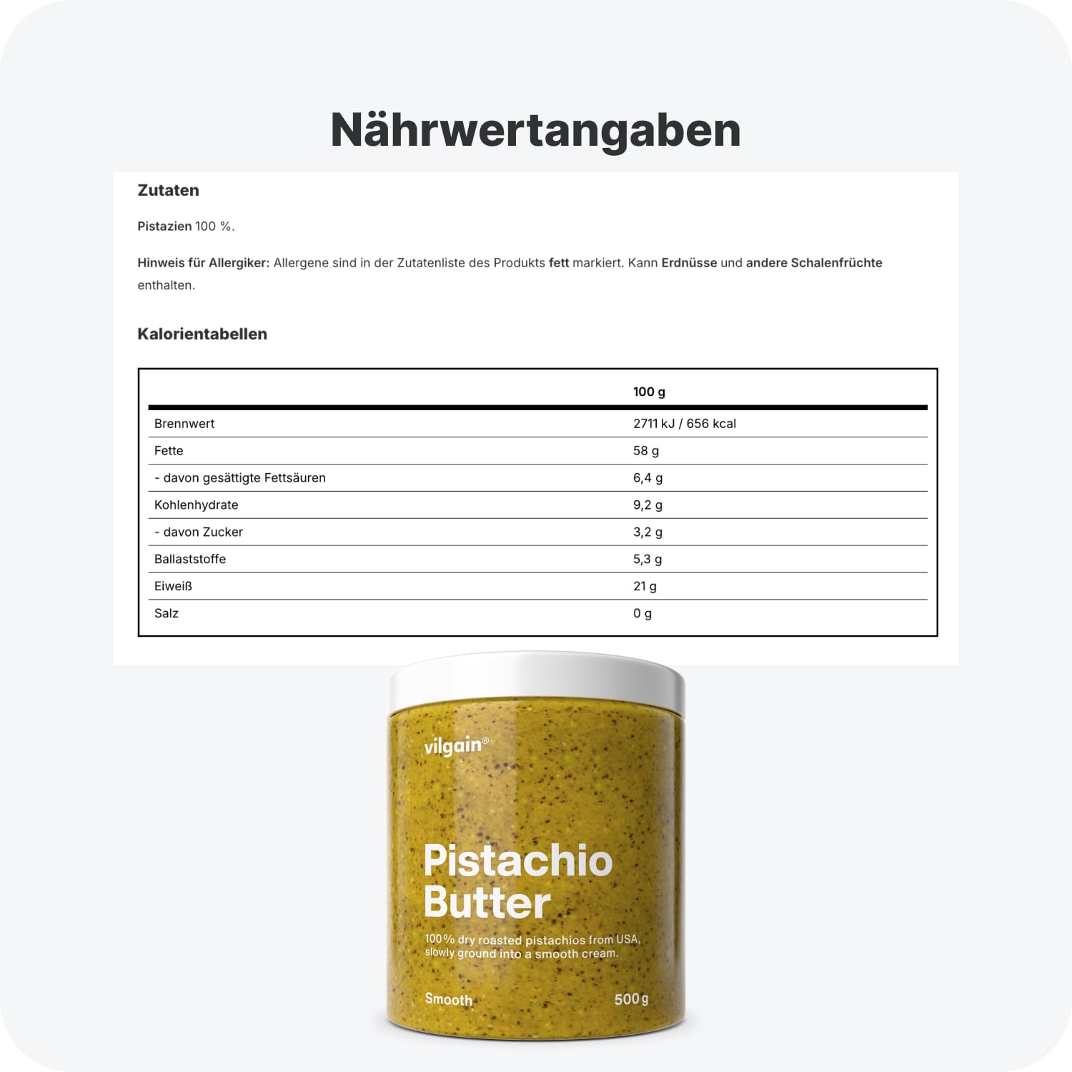Vilgain 100% Pistazienmus (500 g) Cremig – 500 g Veganer Bio Pistazien Aufstrich Ohne Zuckerzusatz, Glutenfreies Pistazienbutter Aus Gerösteten Kernen, Natürliches Superfood Protein Fitness Snack