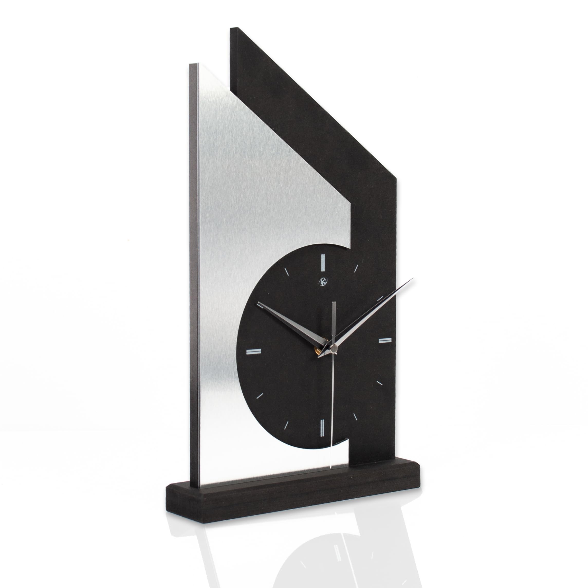 Kreative Feder Standuhr „Skyscraper“ aus Holz – Schwarze Tisch-Uhr mit silberfarbener Applikation aus gebürstetem Aluminium; Größe ca. 34,5x20x5cm (Applikation Alu Silber, leises Quarzuhrwerk)