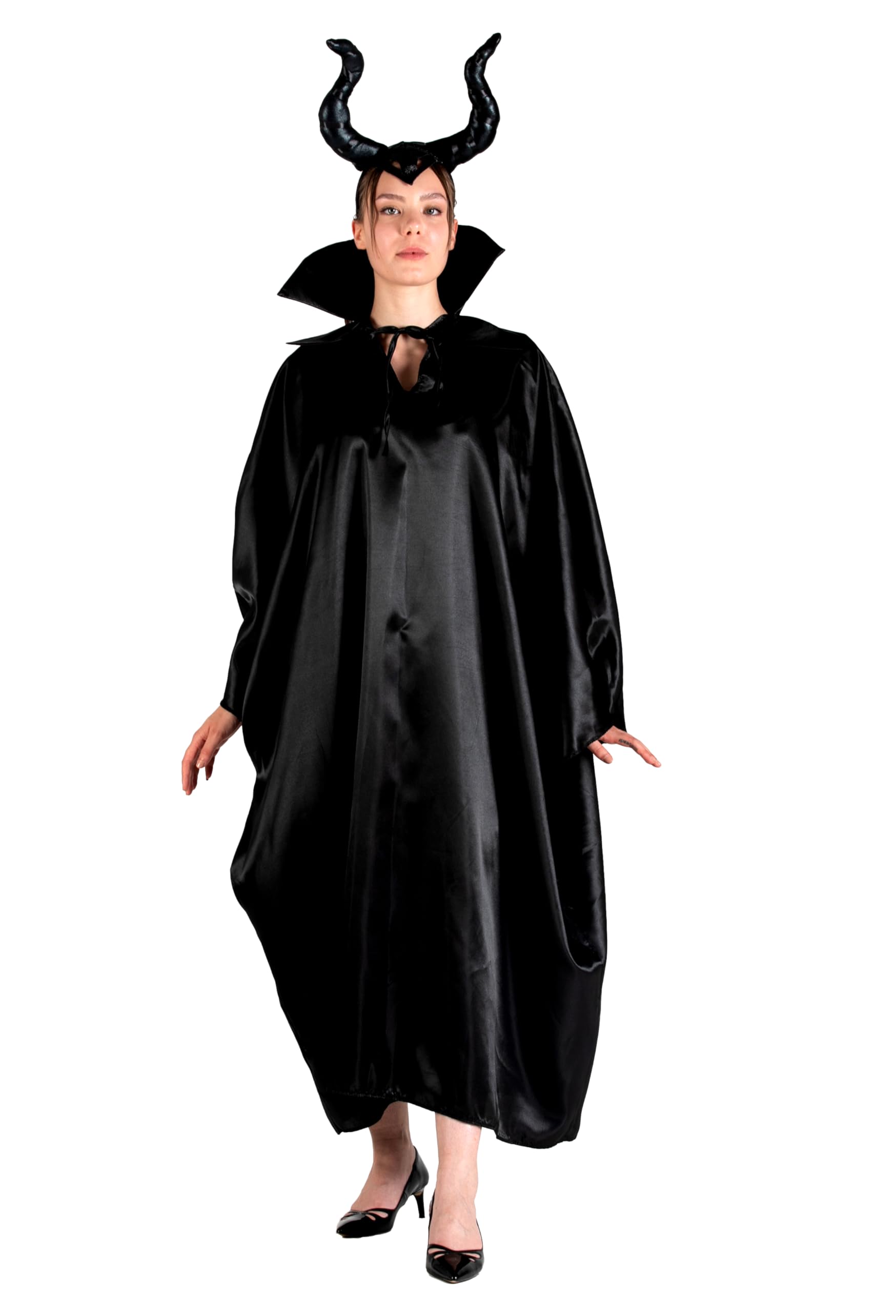 Maleficient Witch Bruja Maléfica kit de disfraz chica mujer adulta (Talla única) capa y y tocado con cuernos