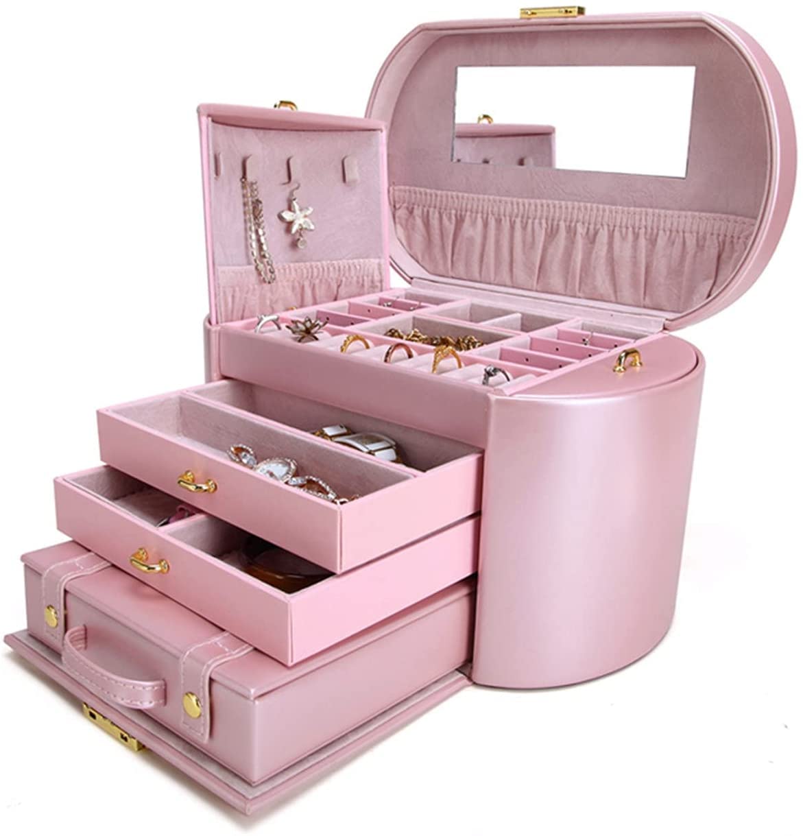 Aufbewahrungsbox Schmuckschatulle Schmuck-Organizer PU-Leder 4 Schichten Doppelseitige Schubladen verspiegelt mit tragbarer Kleiner Box Schmuckaufbewahrung Uhren-Organizer