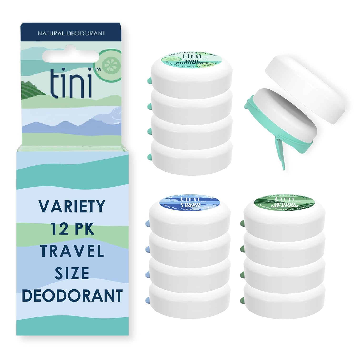 Tini Naturals Deodorant Variety Pack, Travel Size Aluminum Free Deodorant for Women & Men with Coconut Oil and Shea Butter, 0.4 oz each (12 Pack), Spring Meadow, Cool Cucumber & Fresh Linen Scents
