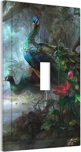 Placa decorativa de pared de pavo real y flores de bosque verde, placa decorativa de pared de palanca única, placa frontal eléctrica para niñas,