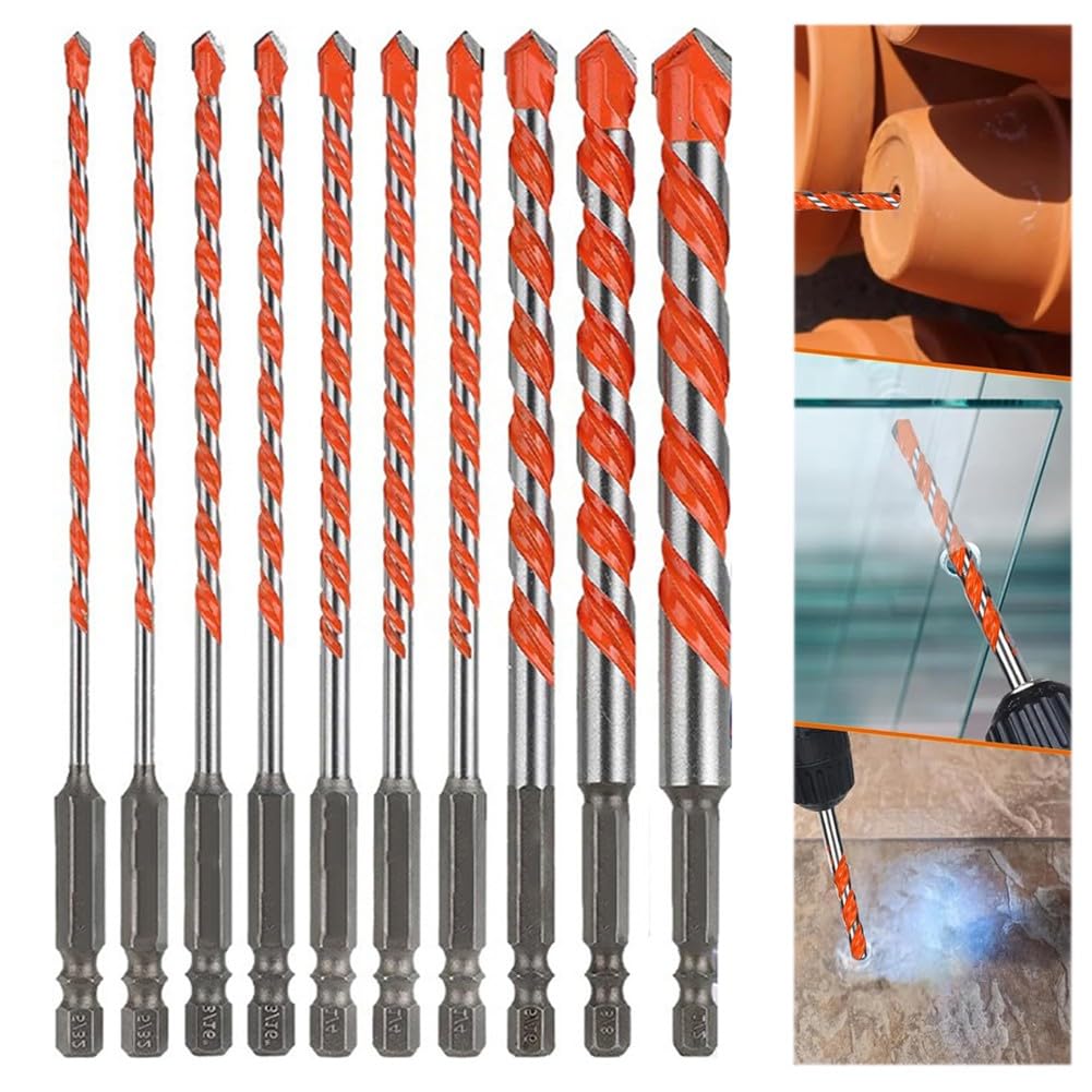 Juego de brocas para mampostería, carburo de hormigón para azulejos de ladrillo de vidrio, juego de 10 brocas hexagonales extendidas