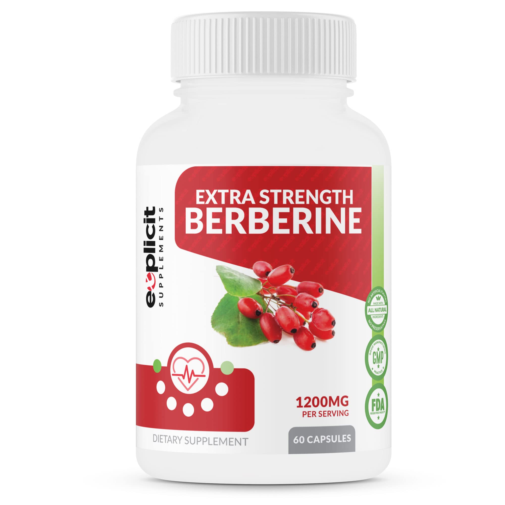 eXplicit SupplementsNatural Berberine HCl - 1200mg Max Strength – 60 Capsules - 1 Month Supply