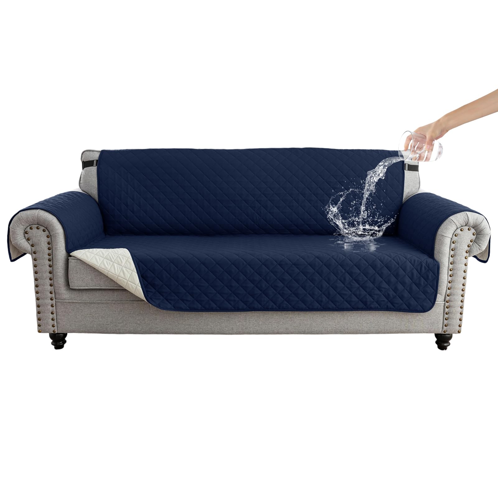 Zlune 3-Seater Reversible Sofa Cover, Water-Resistant, Navy blue/Beige