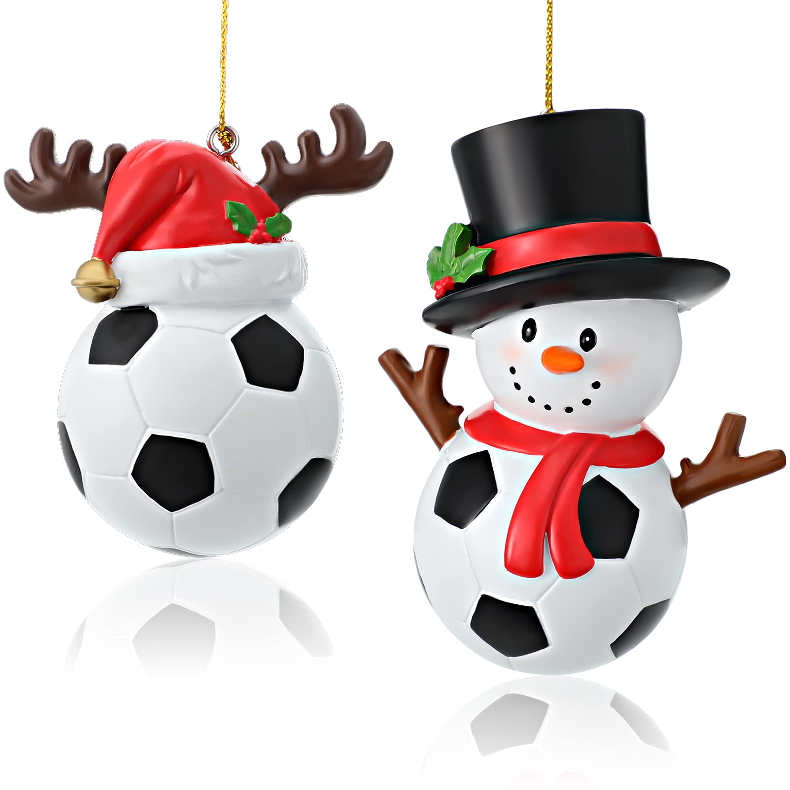 Jetec 2 Pieces Christmas Hat Soccer Ornament Snowman Soccer Hanging Ornament Xmas Reindeer Soccer Pendent Resin Soccer Snowman Decoration Christmas Tree Decoration for Fireplace Bedside Desks Shelf