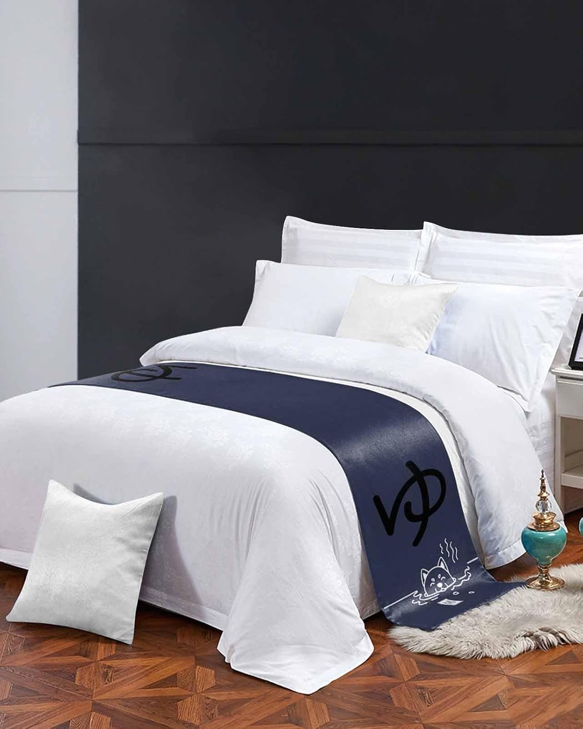 Navy Blue Bed Runner Scarf Twin Size, Japanese Style Cartoon Cute Cat Animals Luxury Bed Throw Runners & Scarves for Twin Full Queen King Foot of Bed, Bedroom Hotel Wedding Room Decoration, 71"x20"