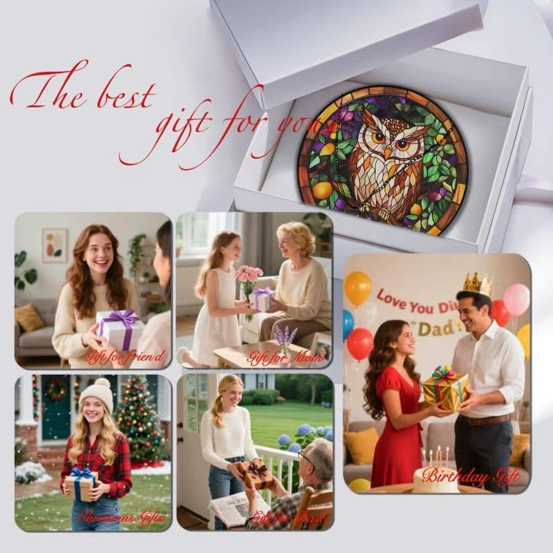 Miniatura 3 de Atrapasoles de cristal con diseño de búho  Tiffany estilo búho colgante de ventana, atrapa sol redondo de vidrio con hojas coloridas y patrón de