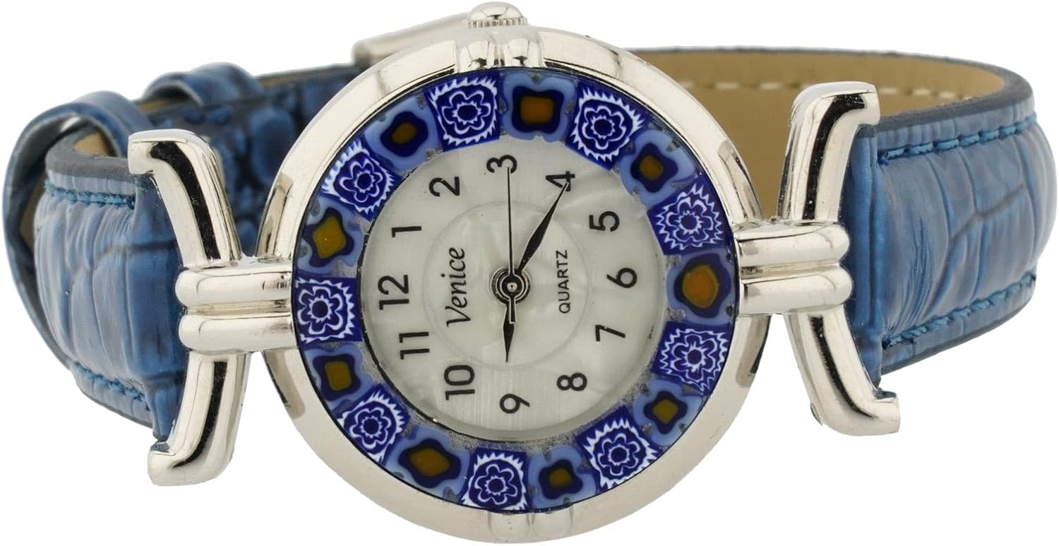 Glass Of Venice Murano Glass Millefiori Watch with Leather Band - Blue