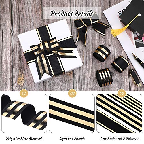 3 Rolls 1-1/2 Inch Christmas Striped Grosgrain Ribbons 5 Yards Wide Striped Grosgrain Fabric Ribbons For Xmas Graduation Home Party Wrapping Crafts Decoration, 3 Styles (Black And Gold) #TOP1
