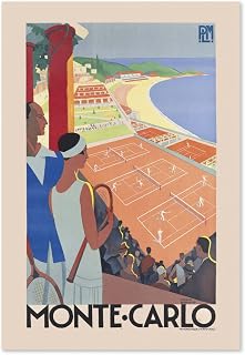 1920s Monte Carlo Monaco Tennis Courts Vintage Style French Travel Poster | For Gifts and Wall Art Decor for Living Room, Office, Bedroom, Kitchen, Study Room, Bathroom (13x19)
