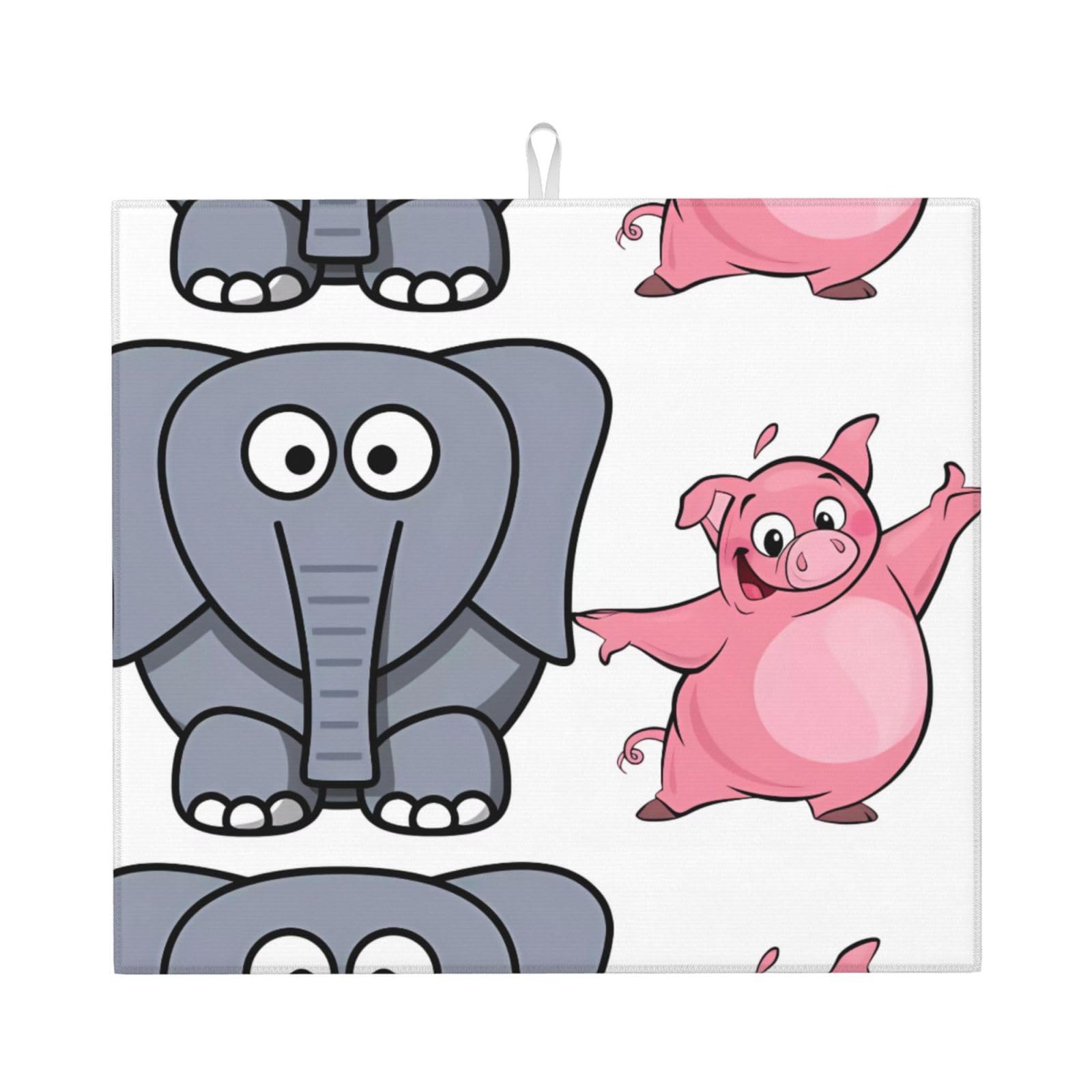 WHJSSF Elephant and Piggie Prints Kitchen Drying Mat - Absorbent Dish Drying Throw with Colorful Prints, Quick-Dry Countertop Layer for Dishes & Appliances - Non-Slip & Foldable