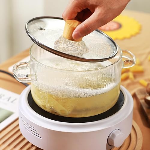 Miniatura 6 de Olla de cocina de vidrio transparente con tapa y cepillo en la estufa, olla a fuego lento de vidrio de borosilicato de 1.5 L (51 onzas) con tapa,