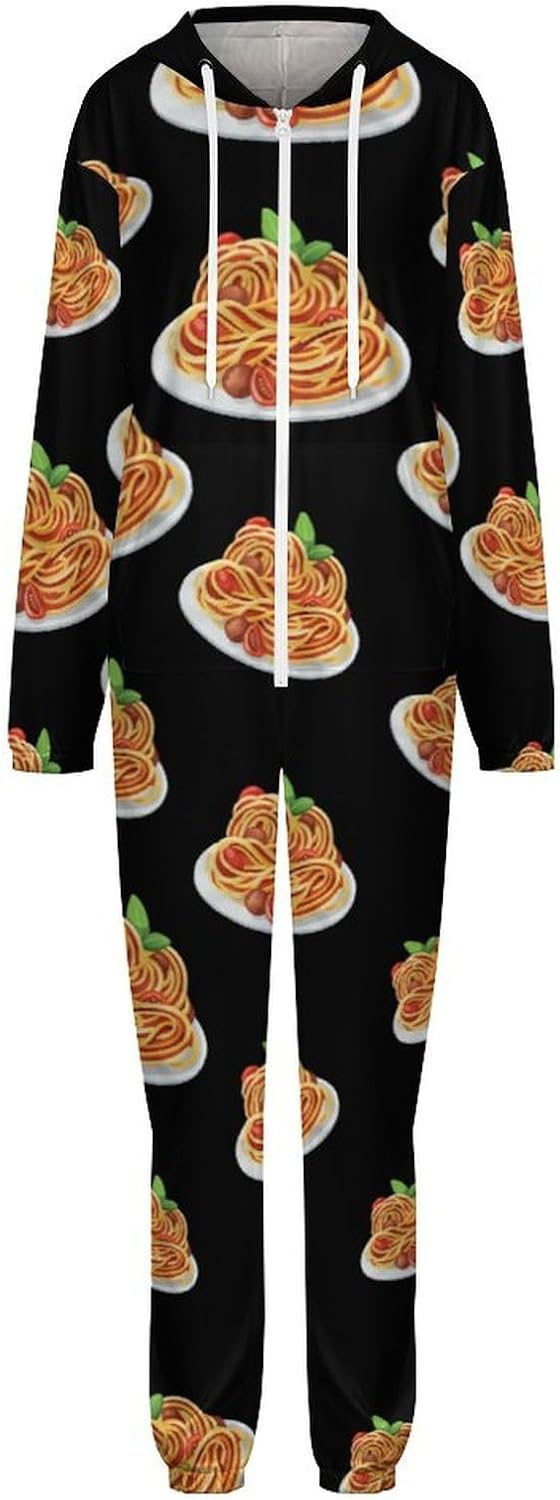 Italy Pasta Noodle Adult Pajamas Onesie with Hood Pocket Jumpsuits One Piece Sleepwear