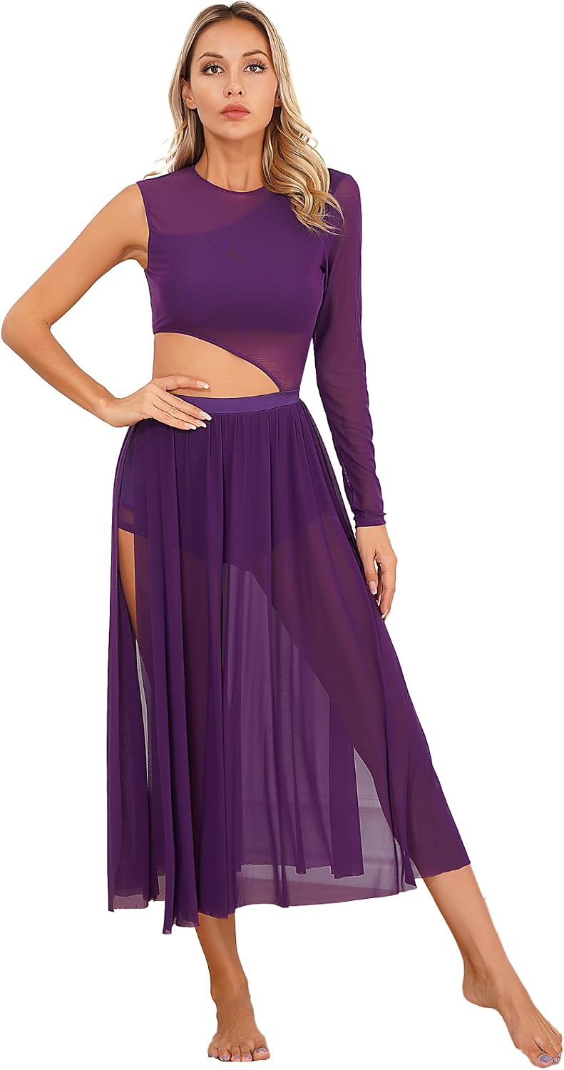 Women Lyrical Dance Costumes One Shoulder Mesh Cutout Tulle Flowy Maxi Long Dress Morden Contemporary Dancewear F1006Purple XX-Large