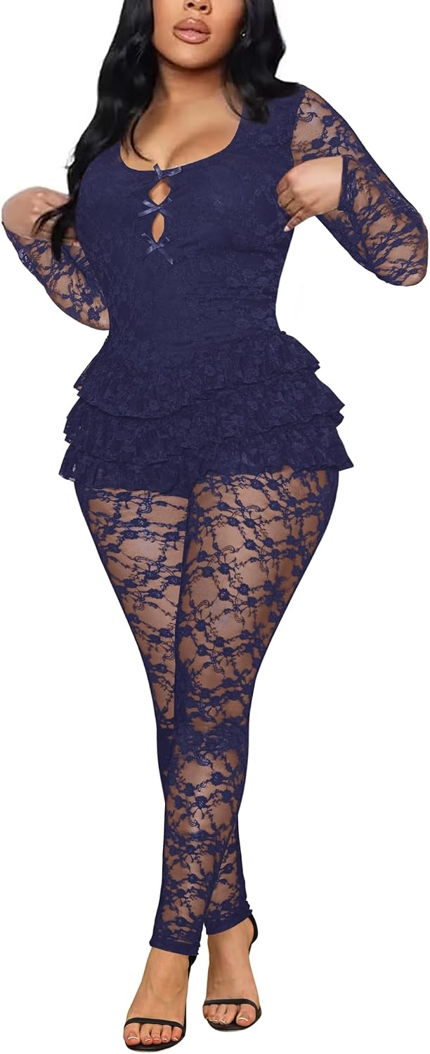 Women's Jumpsuits Dressy Lace Cutout Bow Front Ruffled Trim Floral Lace One Piece Party Club Jumpsuits Outfits