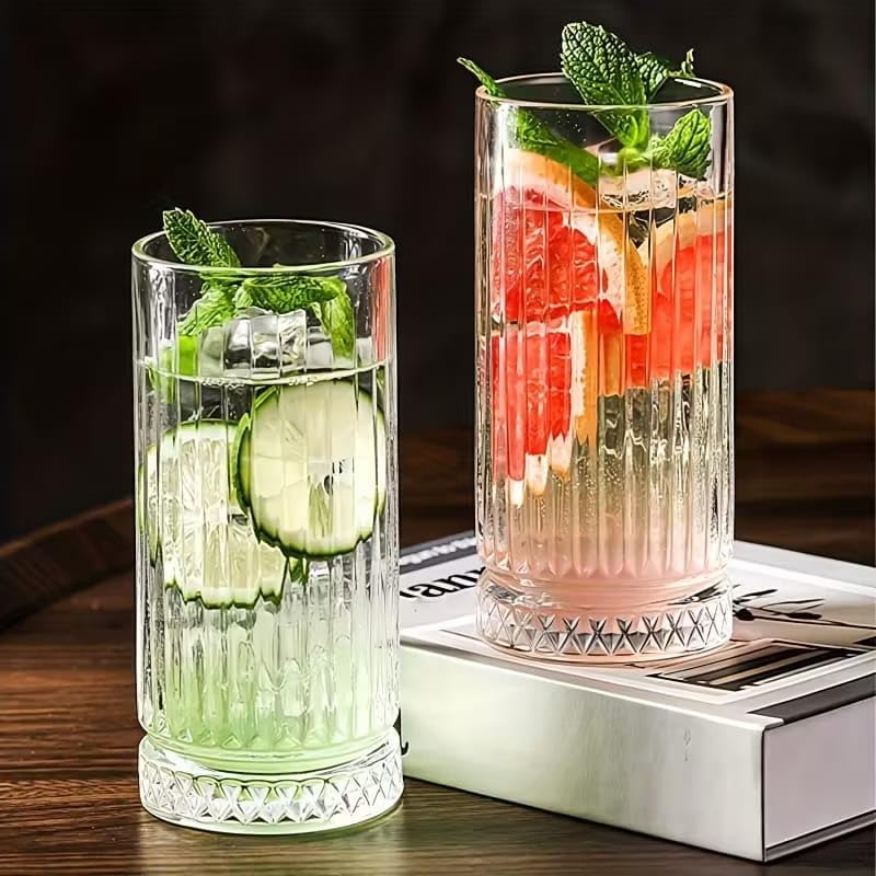 Image of Italian Premium Juice and Water Glasses Set of 6 Transparent, 280 ml, Drinking Water Glasses Stylish and Crystal Highball for Water, Juice and Cocktails (11 lon,.6 6)