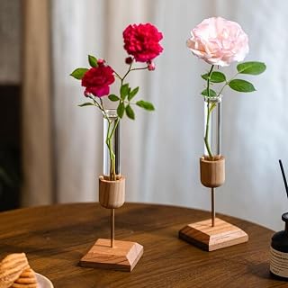 2PCS Desktop Glass Plant Propagation Station with Wooden Stand, Hydroponic Plants Cutting, Home Office Decorations, Garden Decor Terrarium, Wood Bud Base Vase