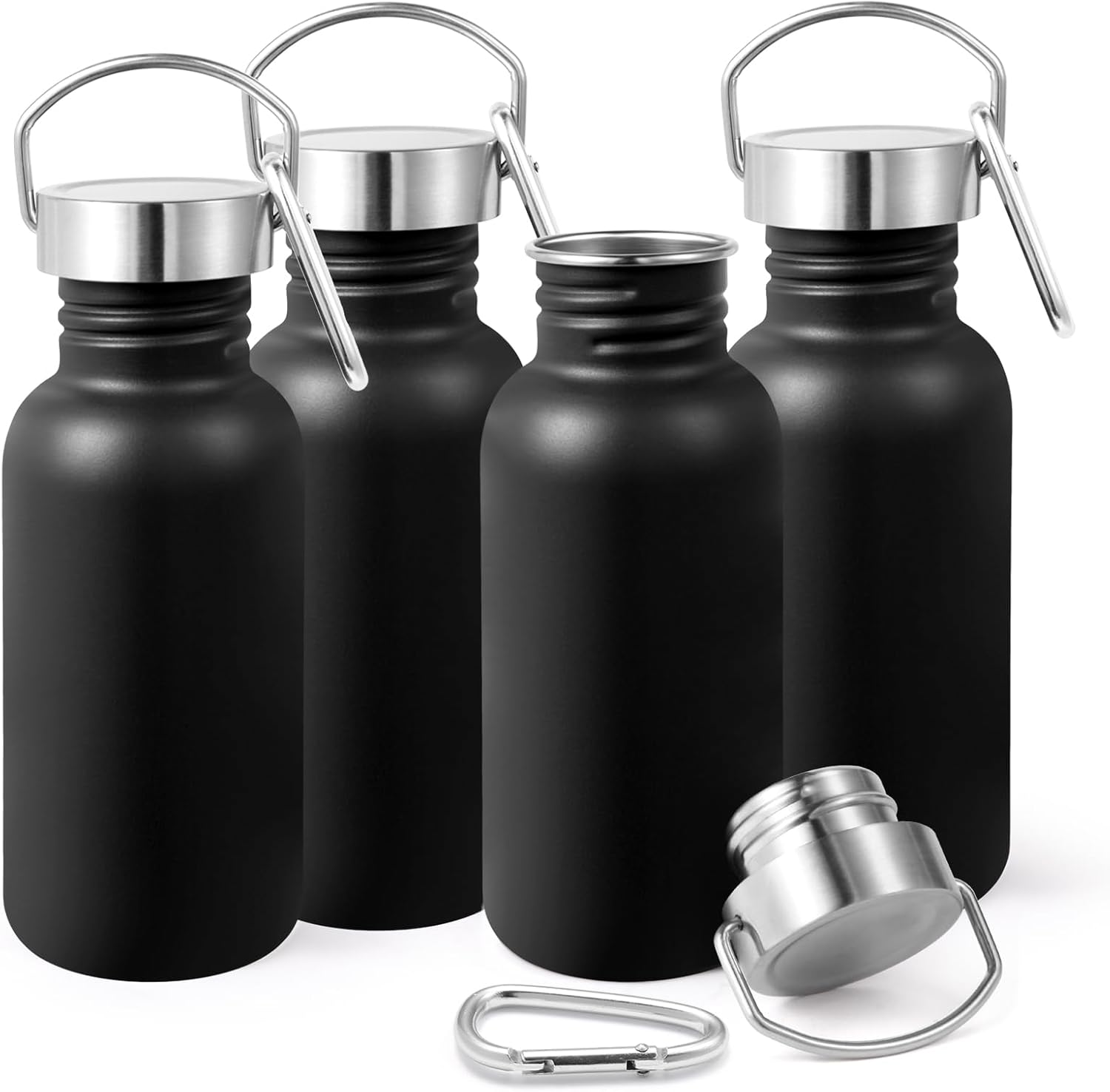 Volhoply 16oz Uninsulated Single Walled Water Bottles 4 Pack, Stainless Steel Kids Water Bottle with Handle & Carabiner, BPA Free 18/8 304 Reusable Water Flask for Camping Hiking Biking (Black,4)