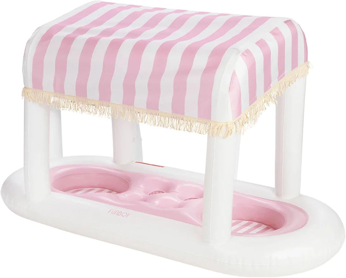 Estación de bebidas gigante flotante a rayas en forma de cabaña rosa con pantalla extraíble | Pantalla de tela extraíble con flecos, perfecta para fiestas, decoraciones de mesa, refrescos en la piscina