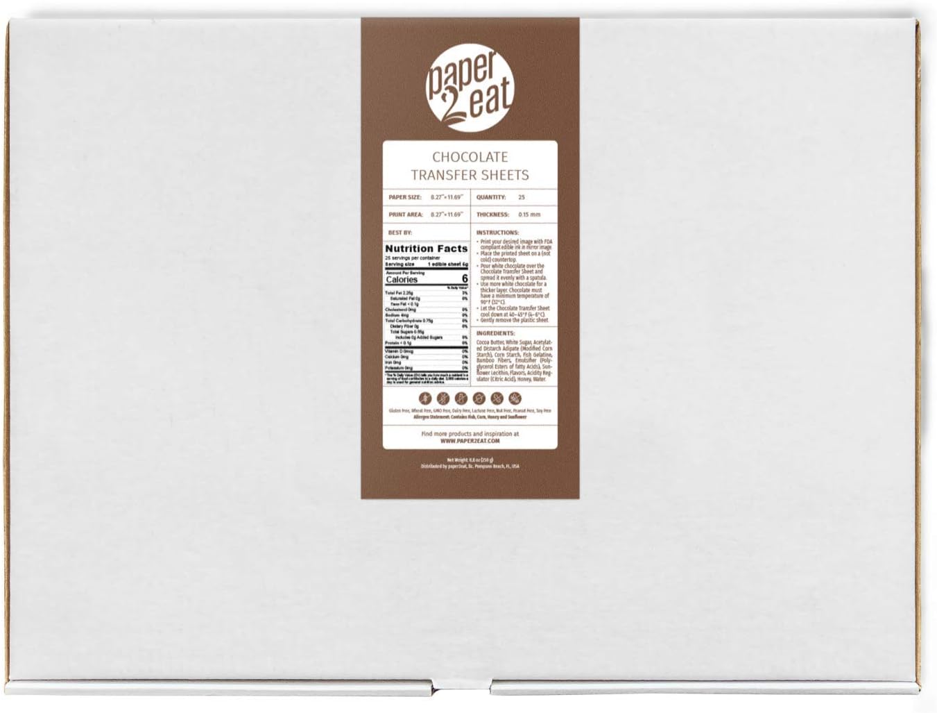 paper2eat Unprinted (Blank) Chocolate Transfer Sheets 8.27“ x 11.69” – 25 count – For Edible Paper Printers