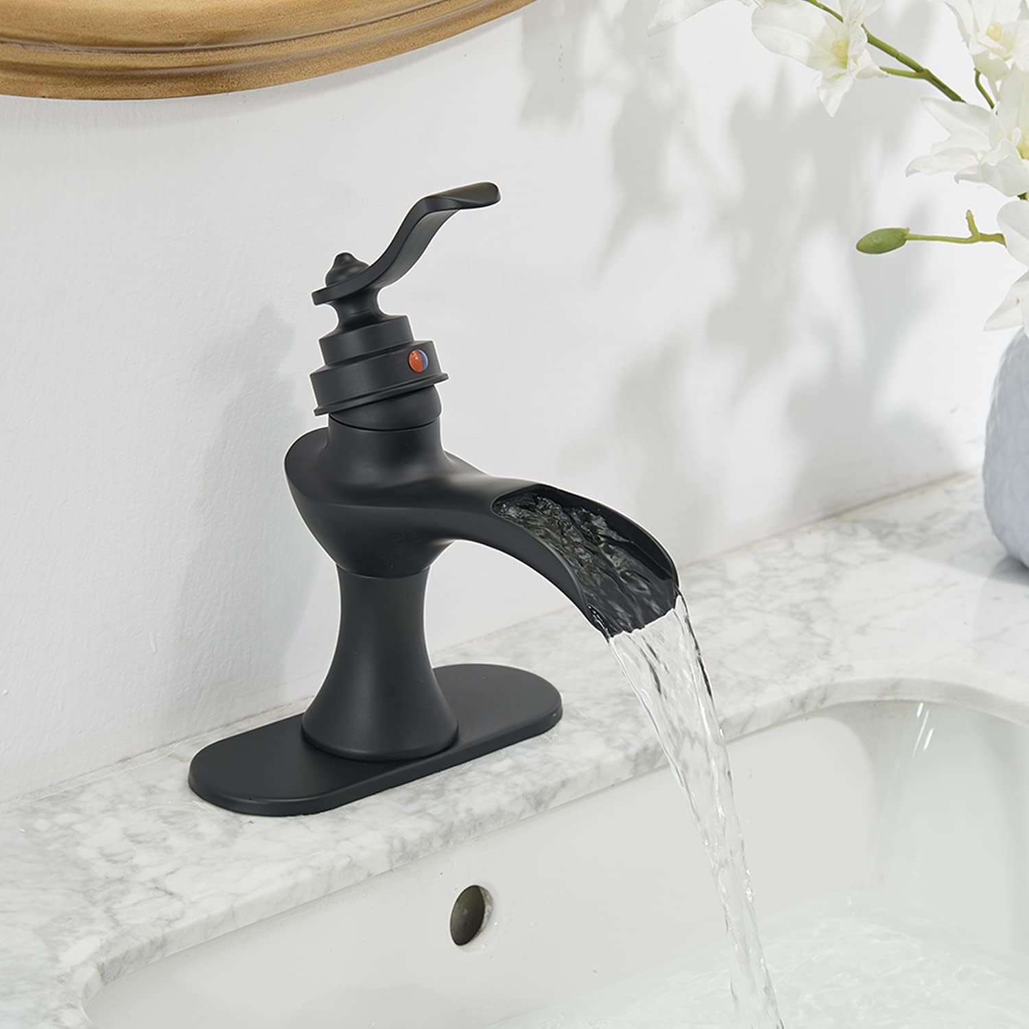 Amazing 🔥 Black Faucet Bathroom Waterfall Matte with Pop Up Drain Assembly Waterfall Single Hole Sink Vanity Farmhouse Rustic Restroom Mixer Tap One Handle Lavatory Supply Line Lead-Free by Homevacious