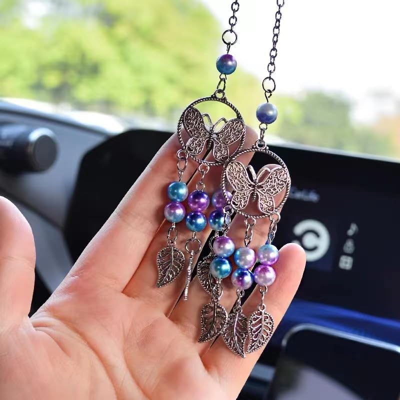 Rumyve Car Interior Mirrors - 2 Packs Rose Flower Pearl Car Mirror Hanging Charms With Cross, Silver - View #9