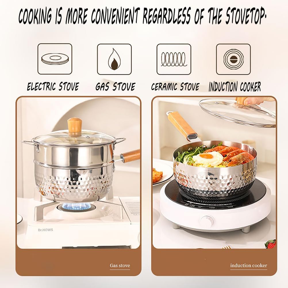 Stainless Steel Saucepan With Steamer,Food Grade 304, Milk Sauce Pan Traditional Japanese Small Cooking Pot With Wood Handle And Two Side Spouts(7 inches)
