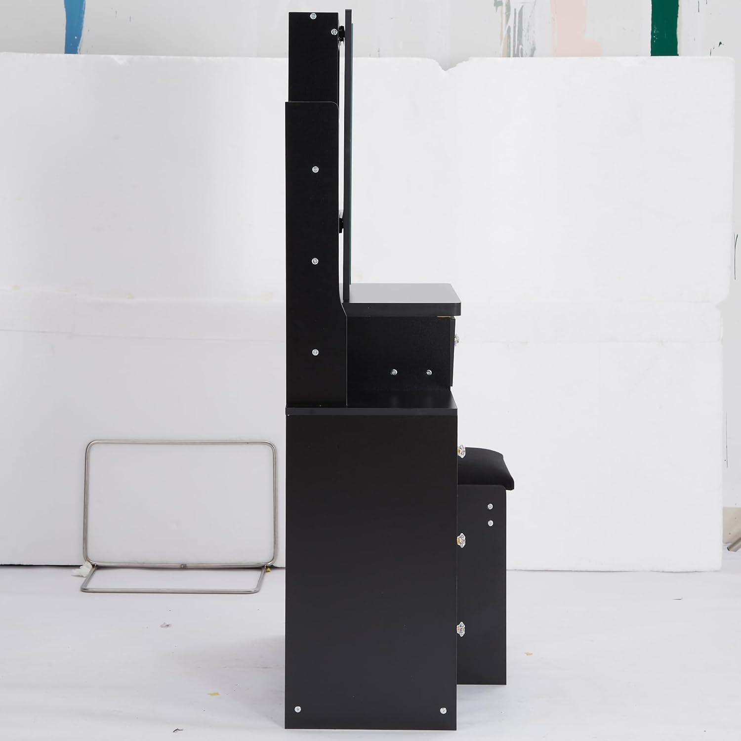 Small Size Left Bedside Cabinet Vanity Table with Cushioned Stool, Sliding Mirror, Multi-Layer Storage, Black