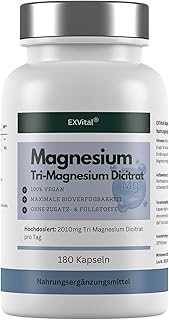 Tri-Magnesium Dicitrat- 2010mg Magnesiumcitrat, 322mg elementares Magnesium pro Tagesdosis von EXVital. Hoch konzentriert, 180 Kapseln, Premiumqualität, kein Magnesiumstearat, vegan, 1er Pack (156g)