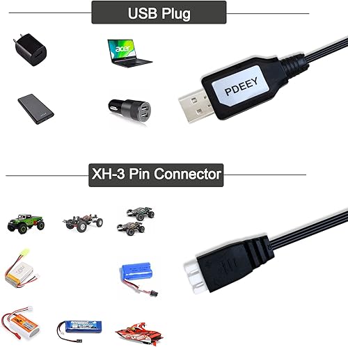 Miniatura 2 de Cable de carga de repuesto para coche SCX24 RC, pistola de bolas de salpicadura, pistola de gel, dron, cargador de batería Lipo de 7.4V 2S, paquete