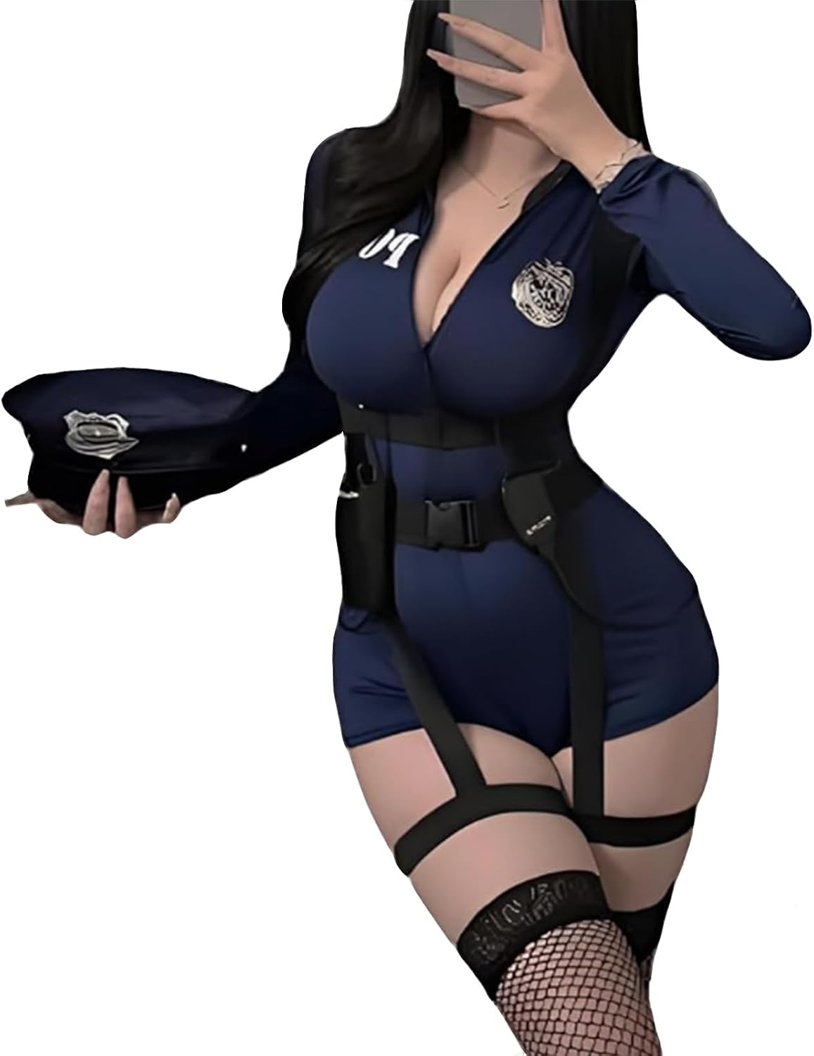 Women's Sexy Police Cosplay Costume Erotic Officer Outfit Policewoman Cop Outfits Dress Fancy Dress with Stockings Hat