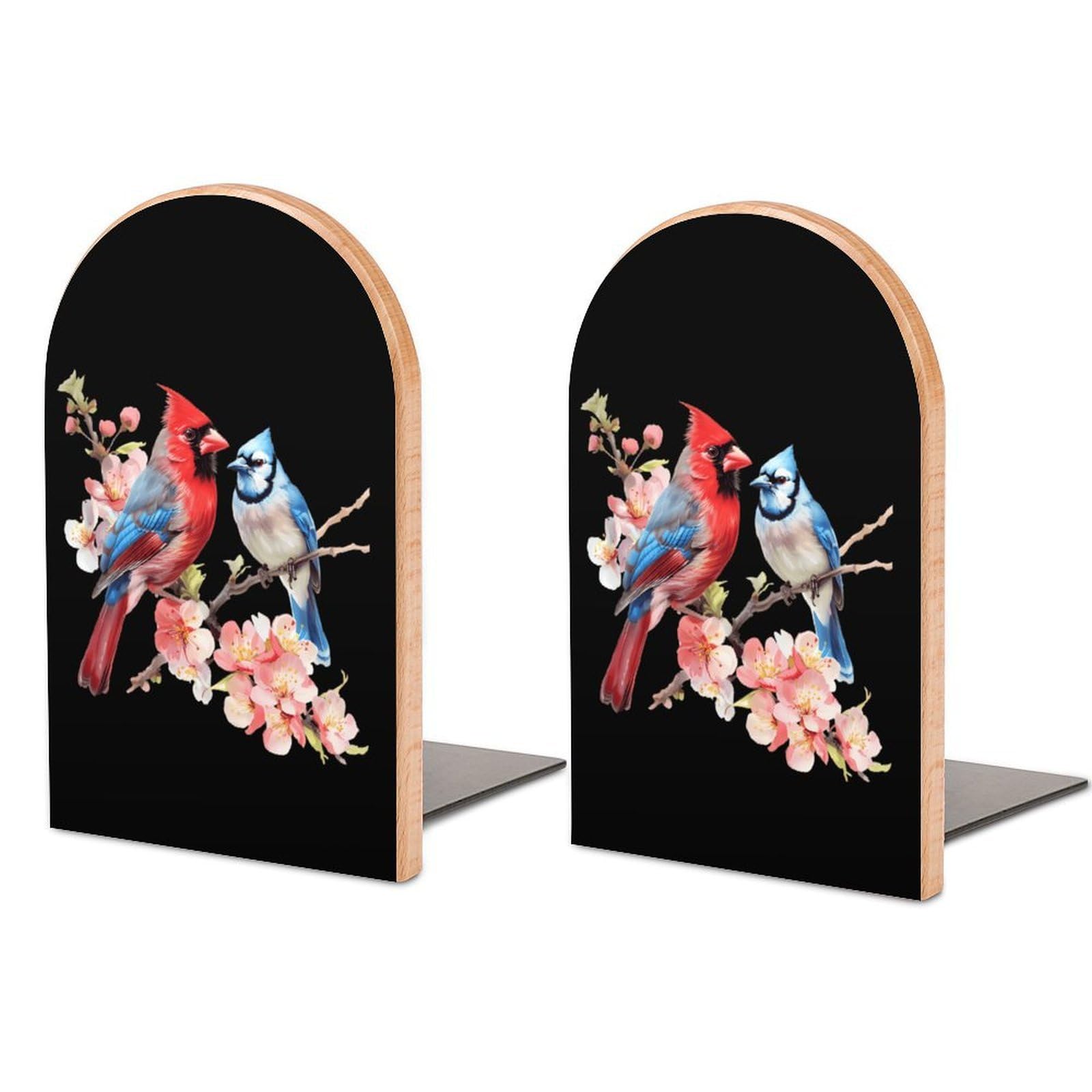 Cardinal And Blue Jay Bird Book Ends Wood Non-Slip Books Stand Book Holders Book Stopper Organizer for Shelves Home Office