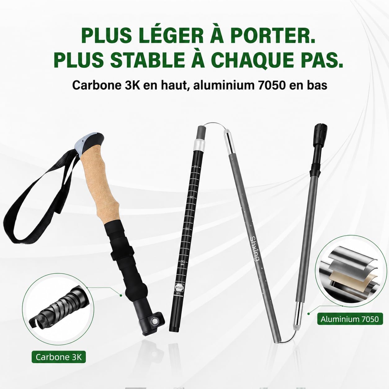 Bastones de senderismo plegables, juego de 2 unidades, solo 35 cm, ligero y estable, ajustable de 110 a 135 cm, carbono 3K y aluminio 7050, mango de corcho con extensión EVA, incluye bolsa y