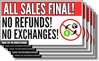 All Sales Final No Refunds No Exchanges Stickers Sticker Sign, 5 Pack Premium Quality All Sales Final No Refunds No Exchanges Self Adhesive UV Resistant, Weatherproof, Waterproof Vinyl Labels for Businesses and Stores.