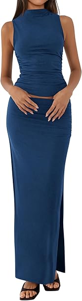 BTFBM Summer Two Piece Skirt Set for Women 2025 Dressy Lightweight Sleeveless Knit Top Going Out Split Maxi Skirt Set