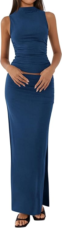 BTFBM Summer Two Piece Skirt Set for Women 2025 Dressy Lightweight Sleeveless Knit Top Going Out Split Maxi Skirt Set