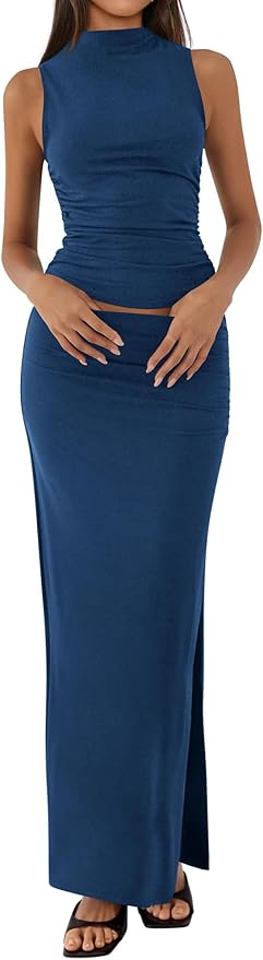 BTFBM Summer Two Piece Skirt Set for Women 2025 Dressy Lightweight Sleeveless Knit Top Going Out Split Maxi Skirt Set