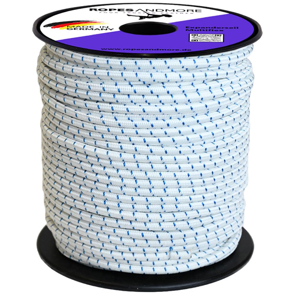 Corde élastique 4 mm – 10 mm Corde élastique pour bagages 10 m – 100 m – Différentes couleurs de Ropes and More (blanc/bleu, 10 mm - 25 m sans bobine)