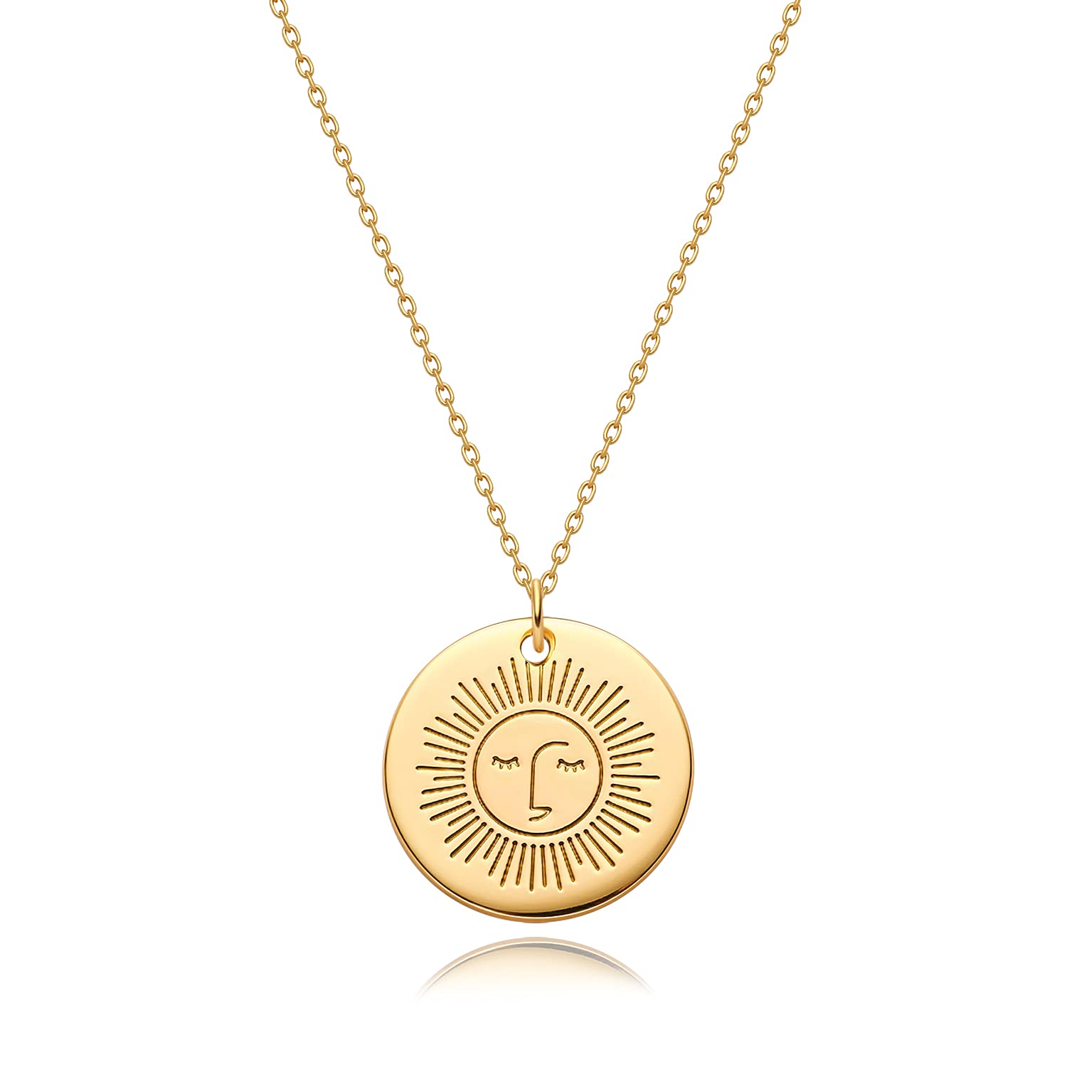 Valloey RoverValloey Rover Women Gold Necklace Coin Disc Celestial Patterned Engraved Pendant 14K Gold Plated Simple Personalized Dainty Chain Jewelry Gift