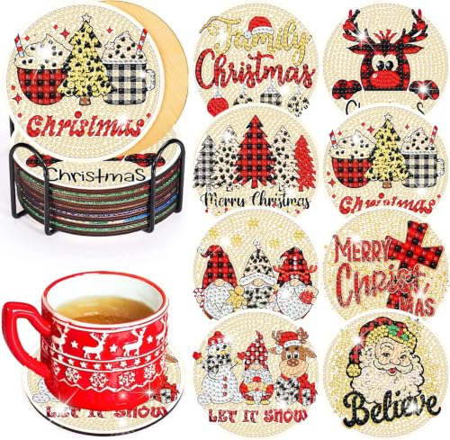 igoodom 8 Pcs Christmas Diamond Painting Coasters Kit, Diamond Art Coaster