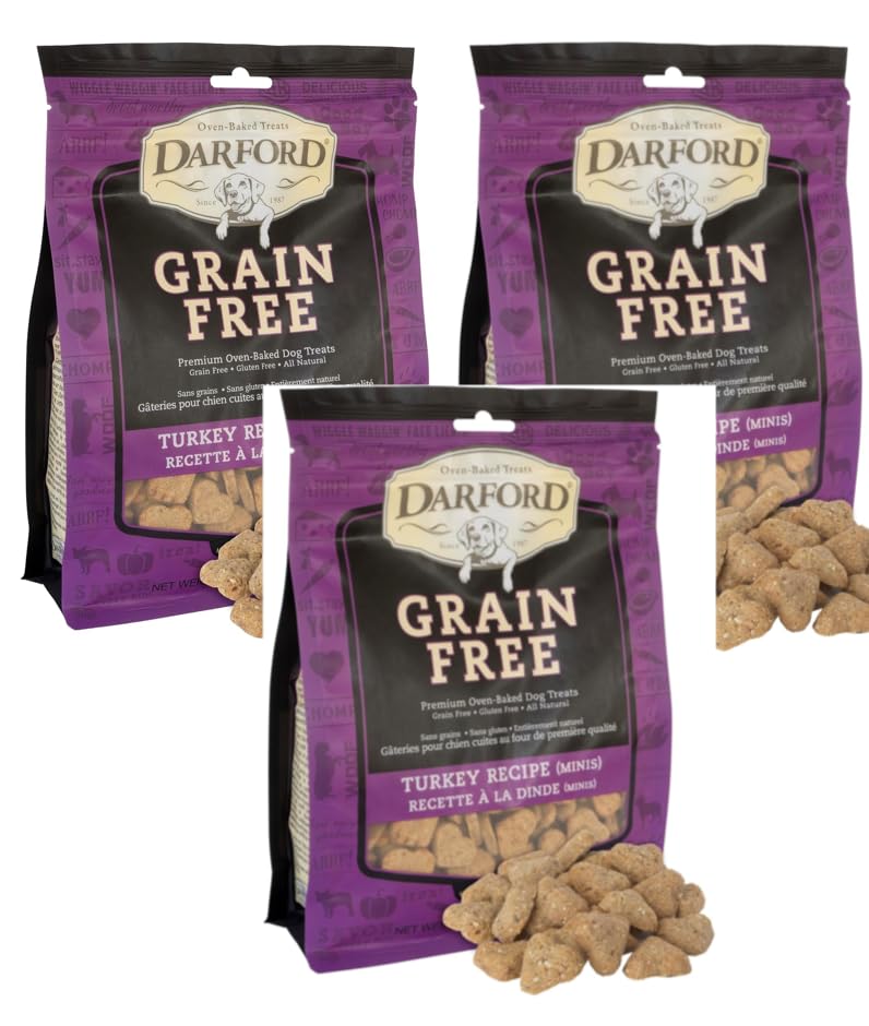 Darford Grain Free Turkey Minis Heart Recipe Dog Treats, 12oz Bags (3 Pack) – Soft & Chewy Natural Dog Treats Made with Real Turkey – Limited Ingredient Training Treats for Dogs