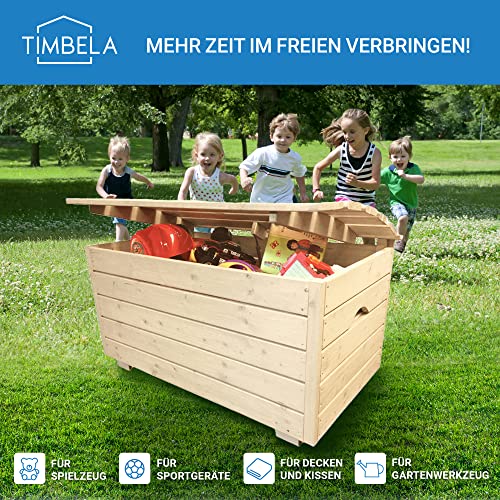 TIMBELA Holzkiste Mit Deckel - Holz Spielzeugkiste Mit Deckel - Aufbewahrungsbox Garten 80 x 50 x H47 cm – Spielzeug Truhe mit Deckel für Innen und Außen Verwendbar M034-1