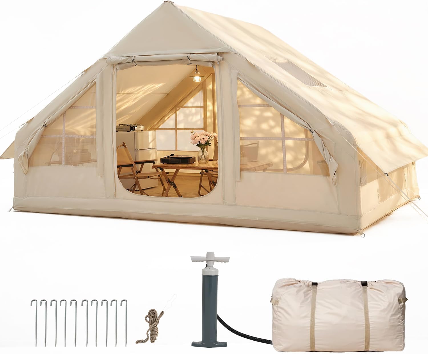 Aoxun Inflatable Camping Tent for 4-8 Person, Instant Setup Family Size Tent, Waterproof Windproof Outdoor Shelter with UV Protection, Lightweight Portable for Camping, Beach, Festivals