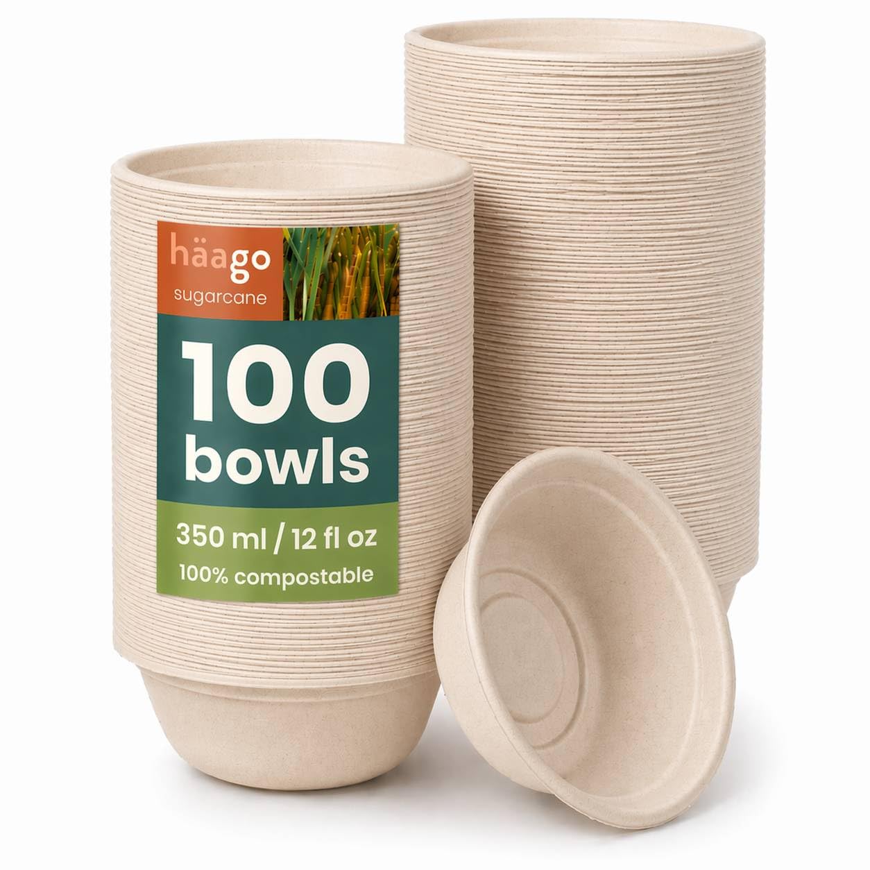 HAAGO 100 Strong Biodegradable Sugarcane Bagasse Bowls, 350 ml / 12oz – Heavy Duty Paper Bowls - Leak- & Grease-Resistant - Compostable Disposable for Soup, Curry, Cereal, Dessert, Parties & Catering