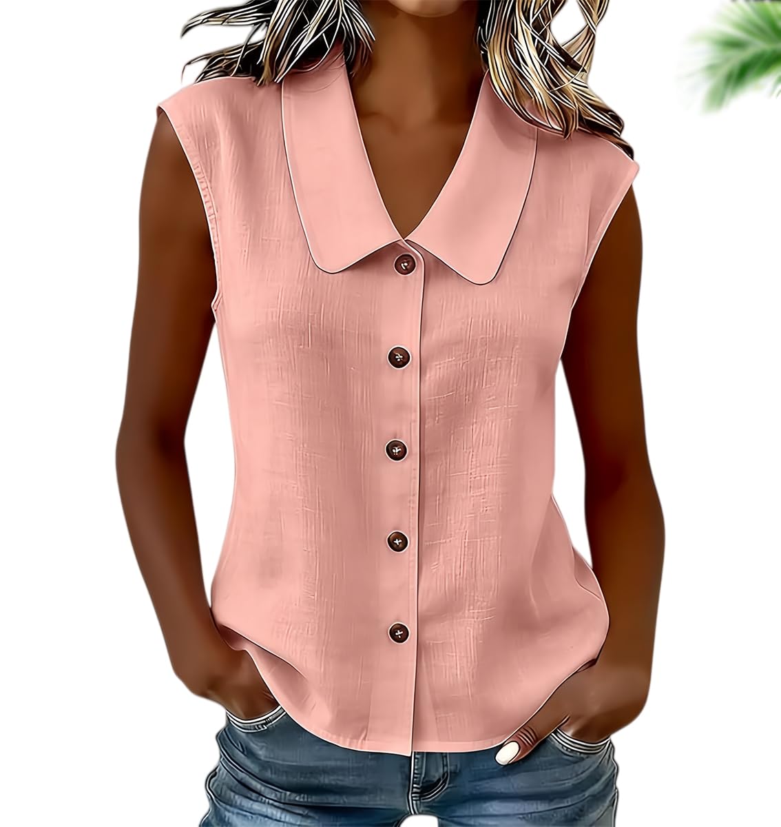 Camicia estiva senza maniche da donna con abbottonatura e colletto ampio | Top estivi senza maniche con scollo a V e colletto per donna